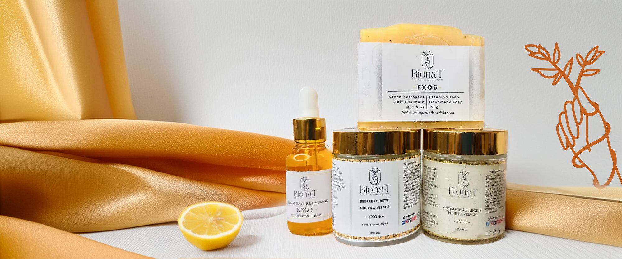 ensemble de crèmes et serums exo 5 biona-t avec ruban orange